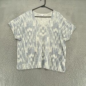 Pure Jill Shirt Womens Medium Blue White Ikat Knit Short Sleeve V Neck Top